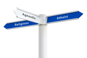 Crossroads showing Streetsigns for an Atheist, Theist and Agnostic